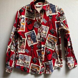 Vintage Sharon Young 80s western cowboy movie print button down shirt Sz M